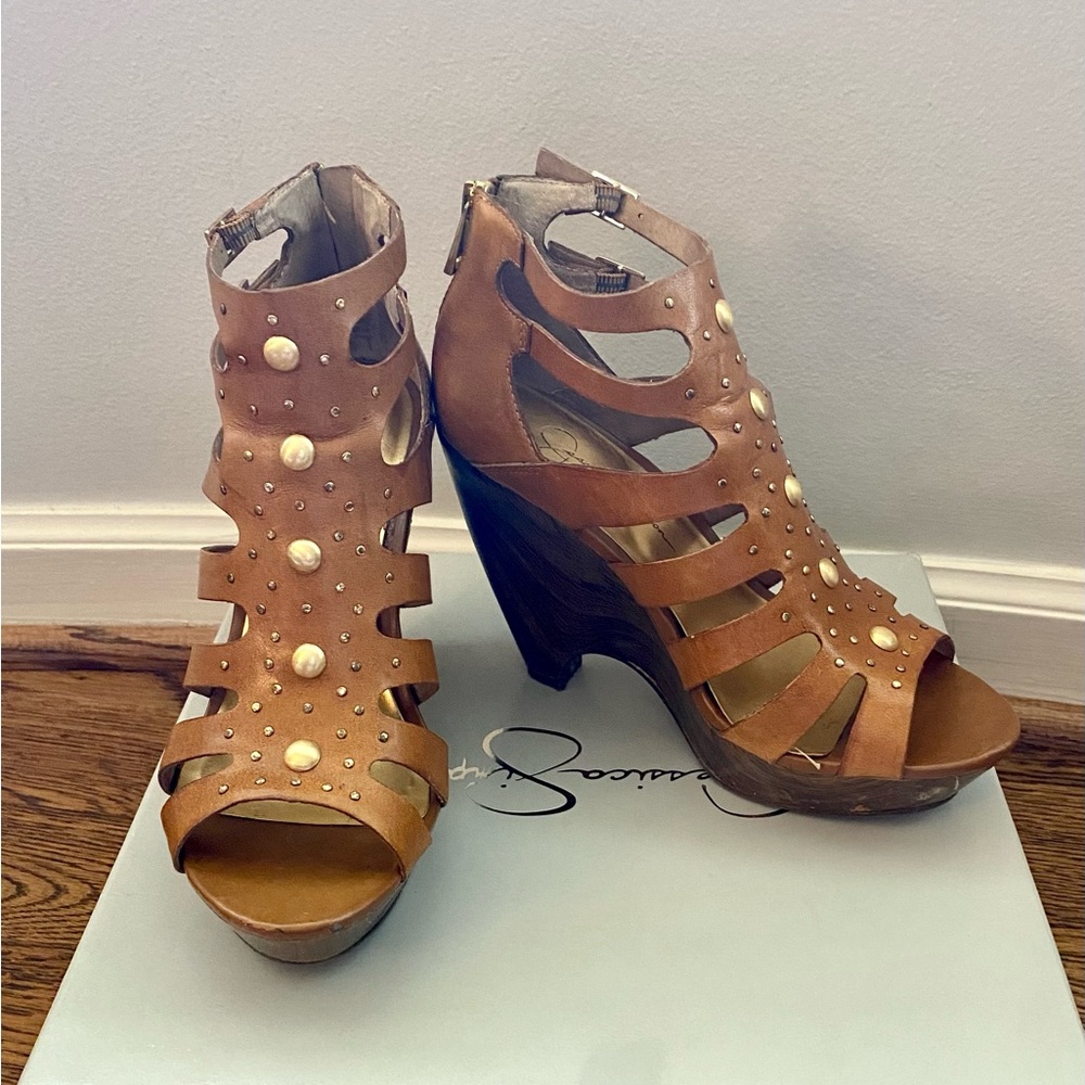 Jessica Simpson Keddar Brown Gold Wedges Platform Shoes Sandals sz 8 1/2 or 8.5
